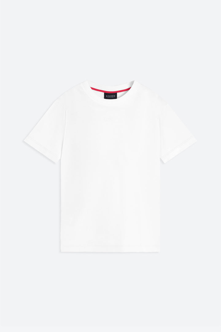 White t-shirt with a small black tag on a white background