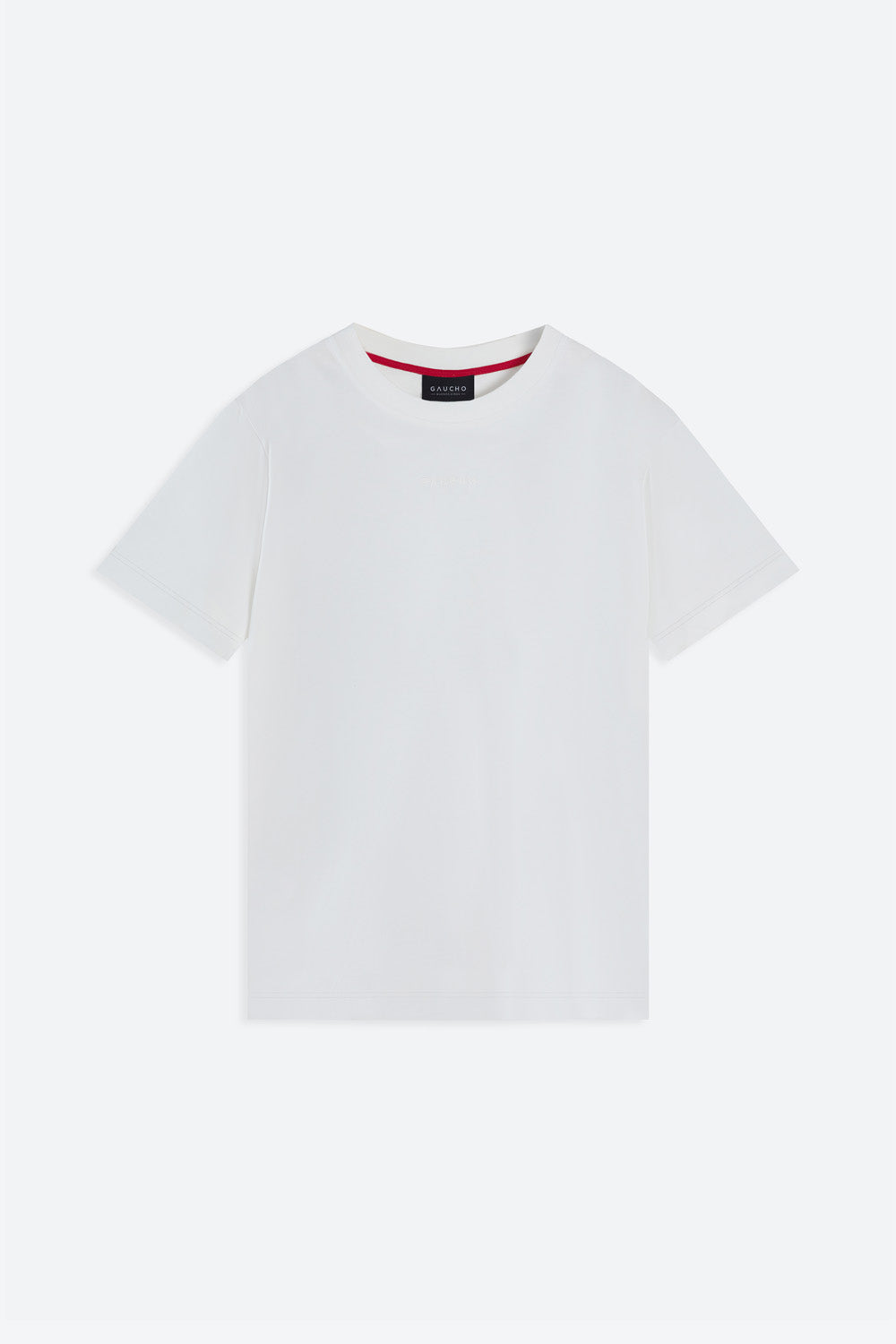 White t-shirt with a small brand logo on a light gray background