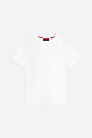 White t-shirt with a small black tag on a white background