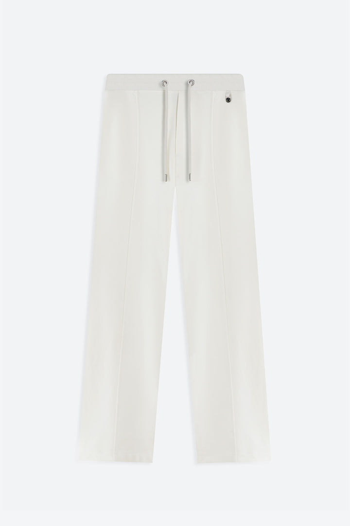 White pants with a subtle pattern on a white background