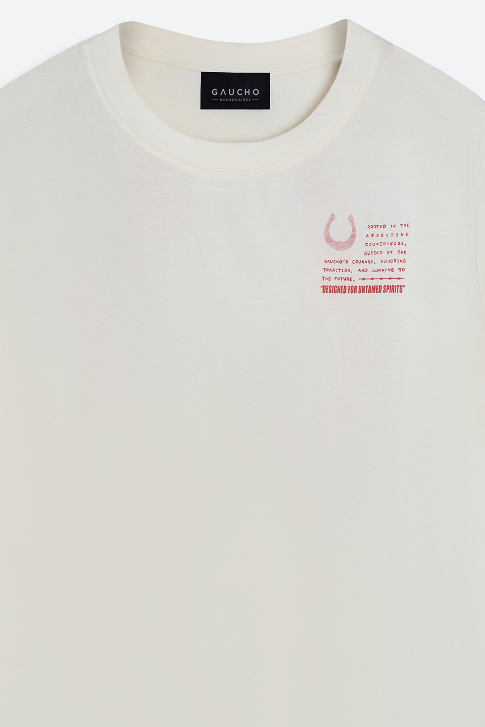 White t-shirt with text and logo on a white background