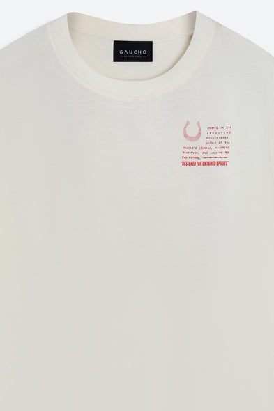 White t-shirt with text and logo on a white background