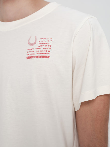 White t-shirt with red text on a plain background