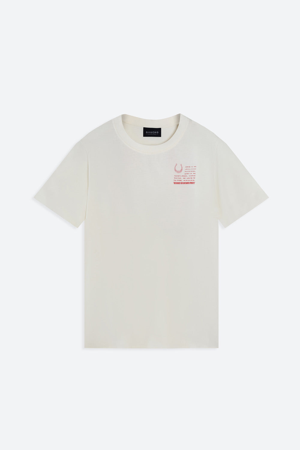 White t-shirt with a small graphic on a white background