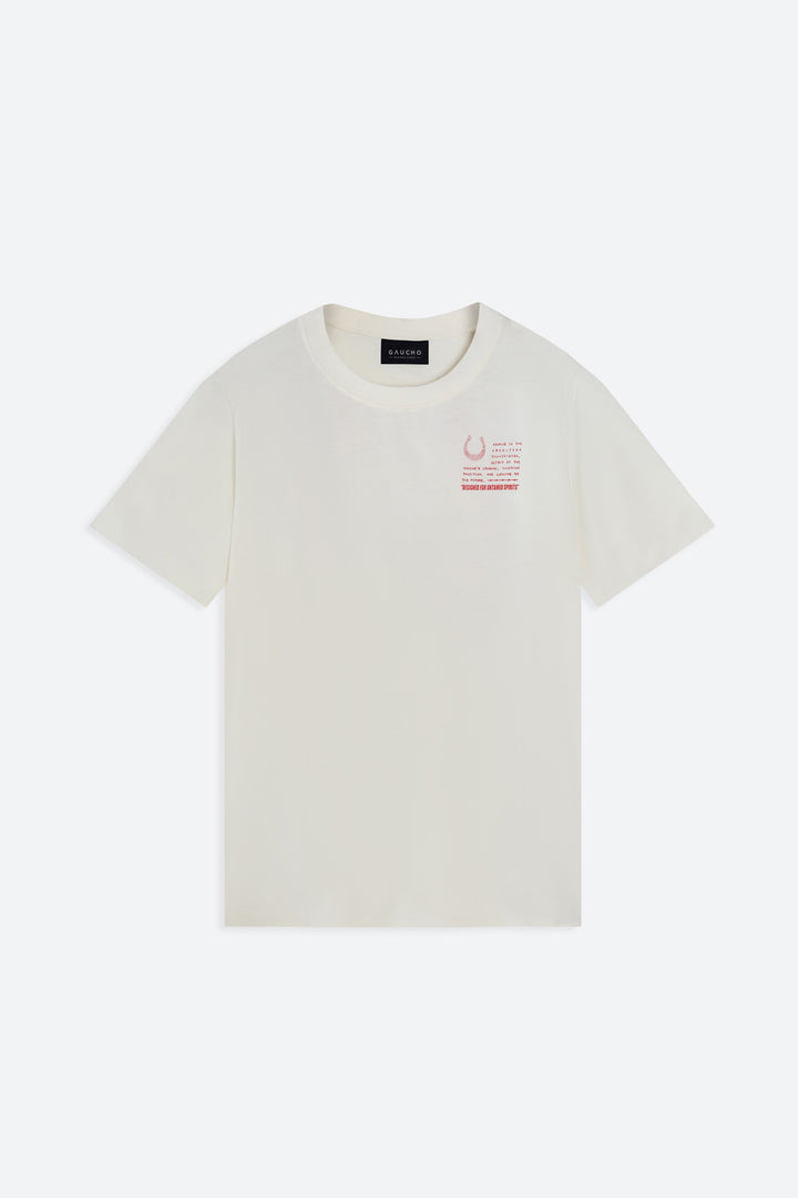 White t-shirt with a small graphic on a white background