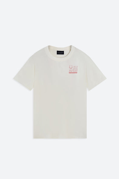 White t-shirt with a small graphic on a white background