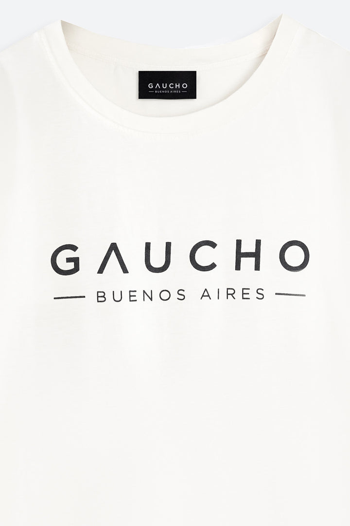 White t-shirt with 'Gaucho Buenos Aires' logo on a white background