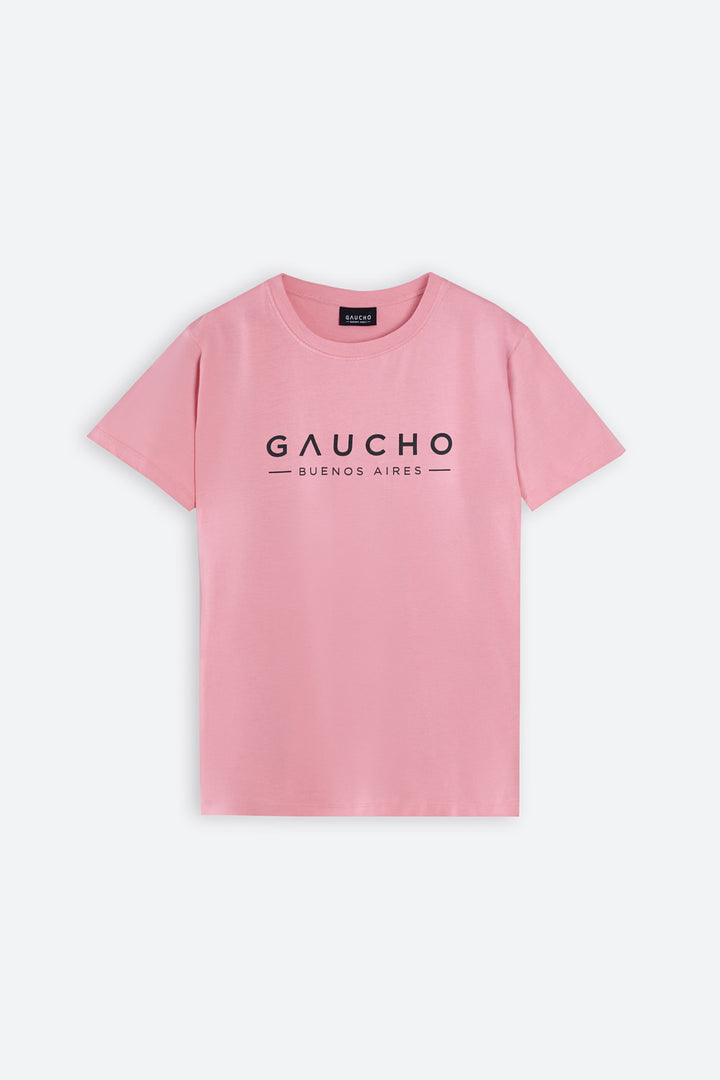 Pink t-shirt with 'Gaucho' text on a white background