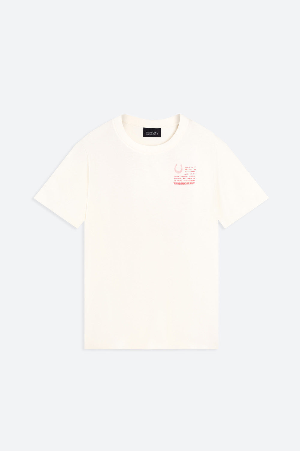 White t-shirt with small red and black text on a light gray background