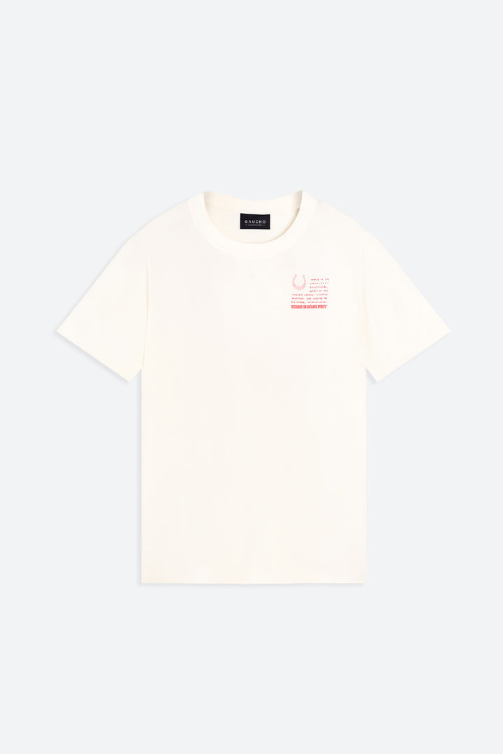 White t-shirt with small red and black text on a light gray background