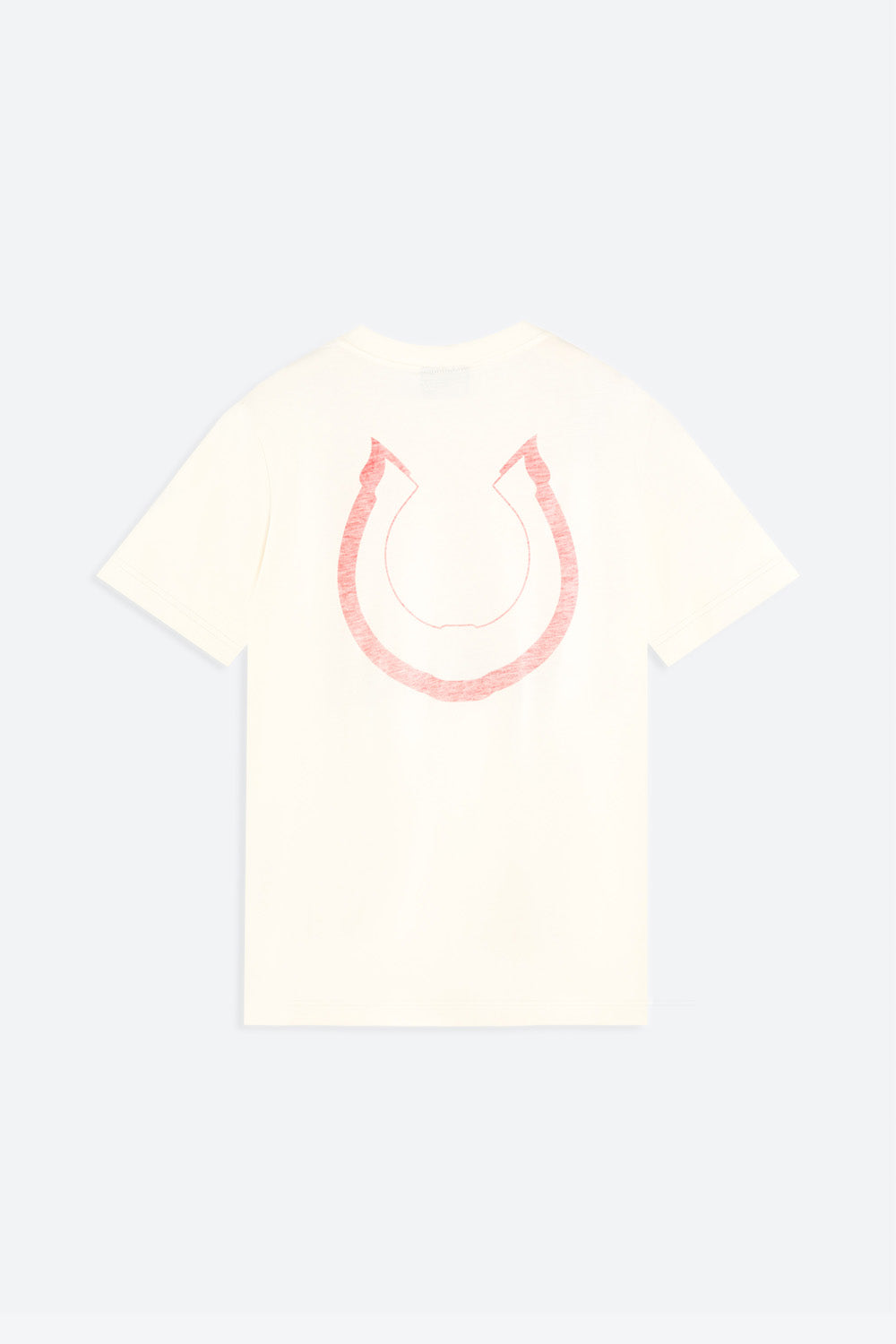 White t-shirt with pink horseshoe design on a light gray background