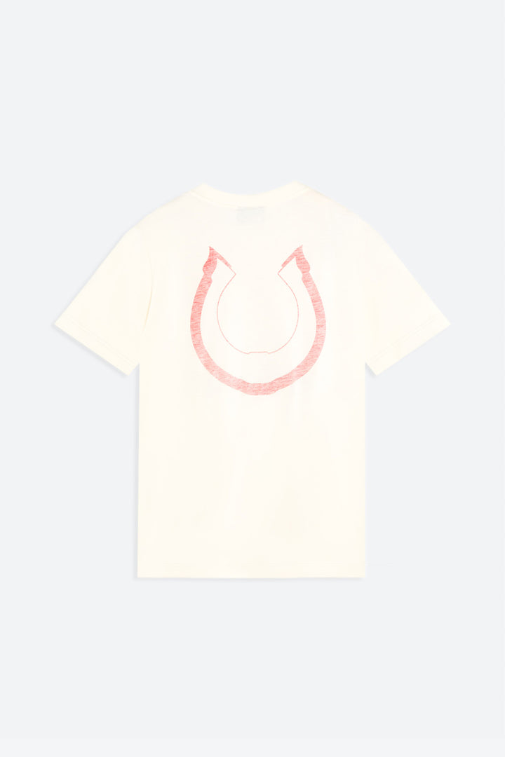 White t-shirt with pink horseshoe design on a light gray background