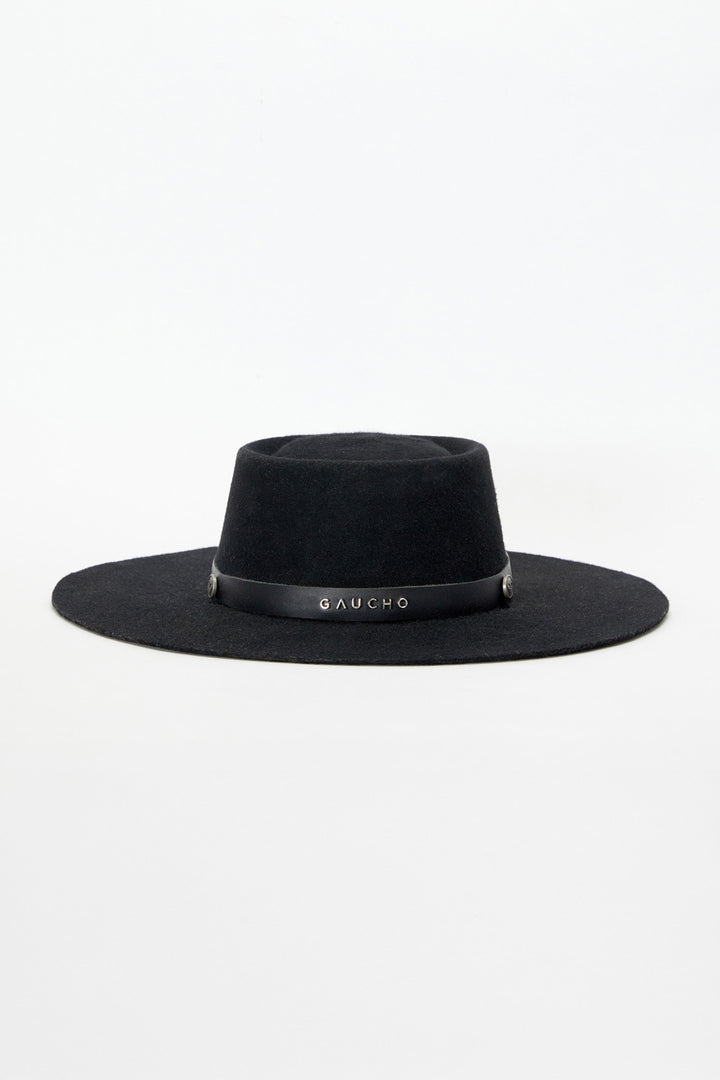 Black fedora hat with a brand logo on a white background