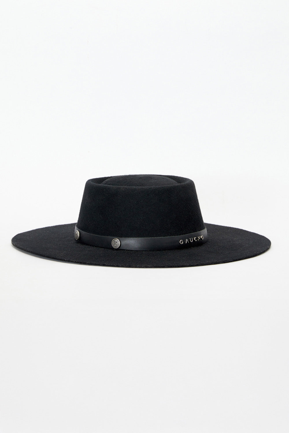 Black fedora hat with a leather band on a white background