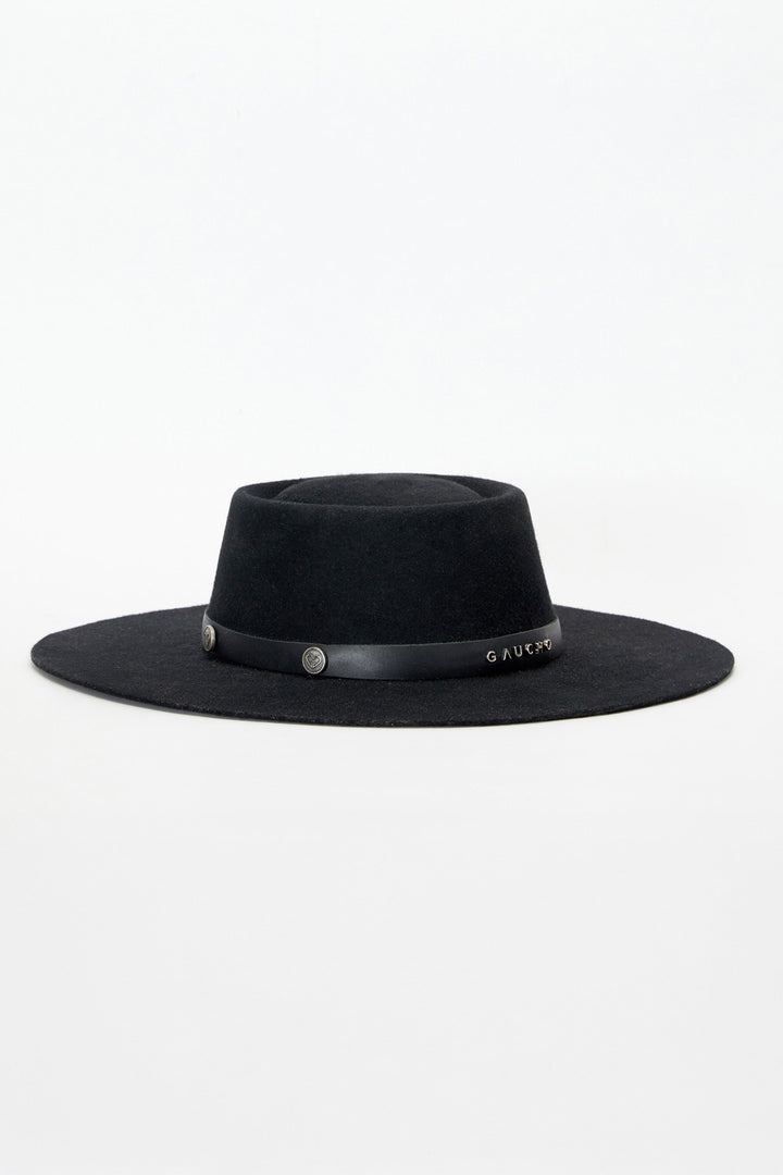Black fedora hat with a leather band on a white background