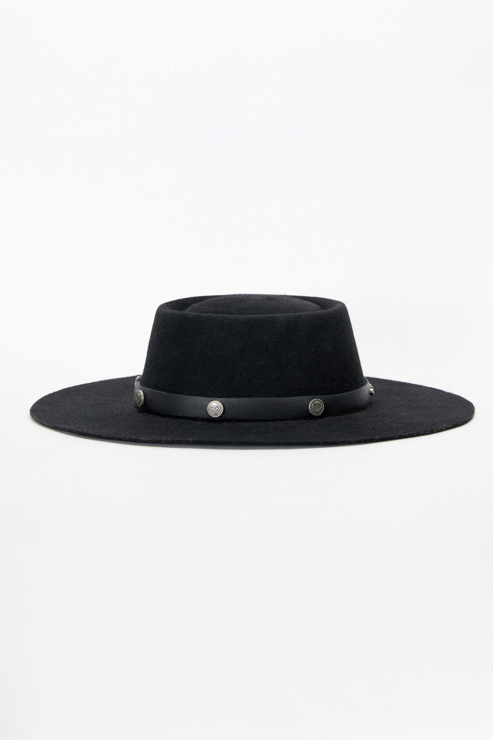 Black fedora hat with a wide brim on a white background