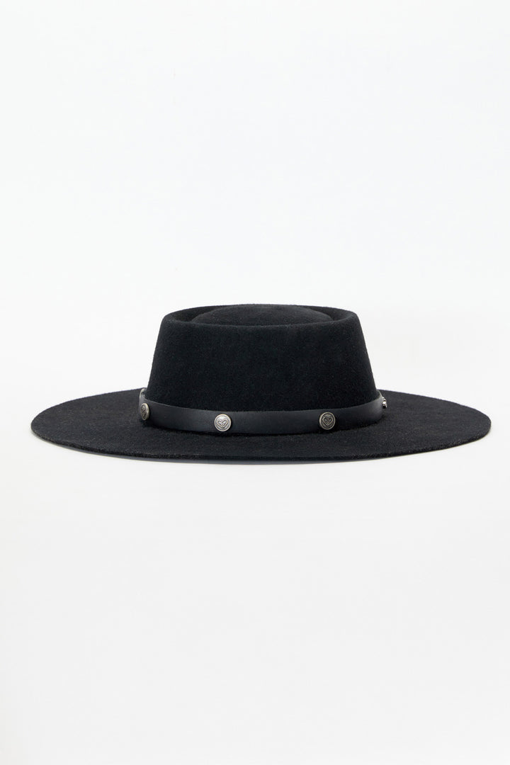 Black fedora hat with a wide brim on a white background