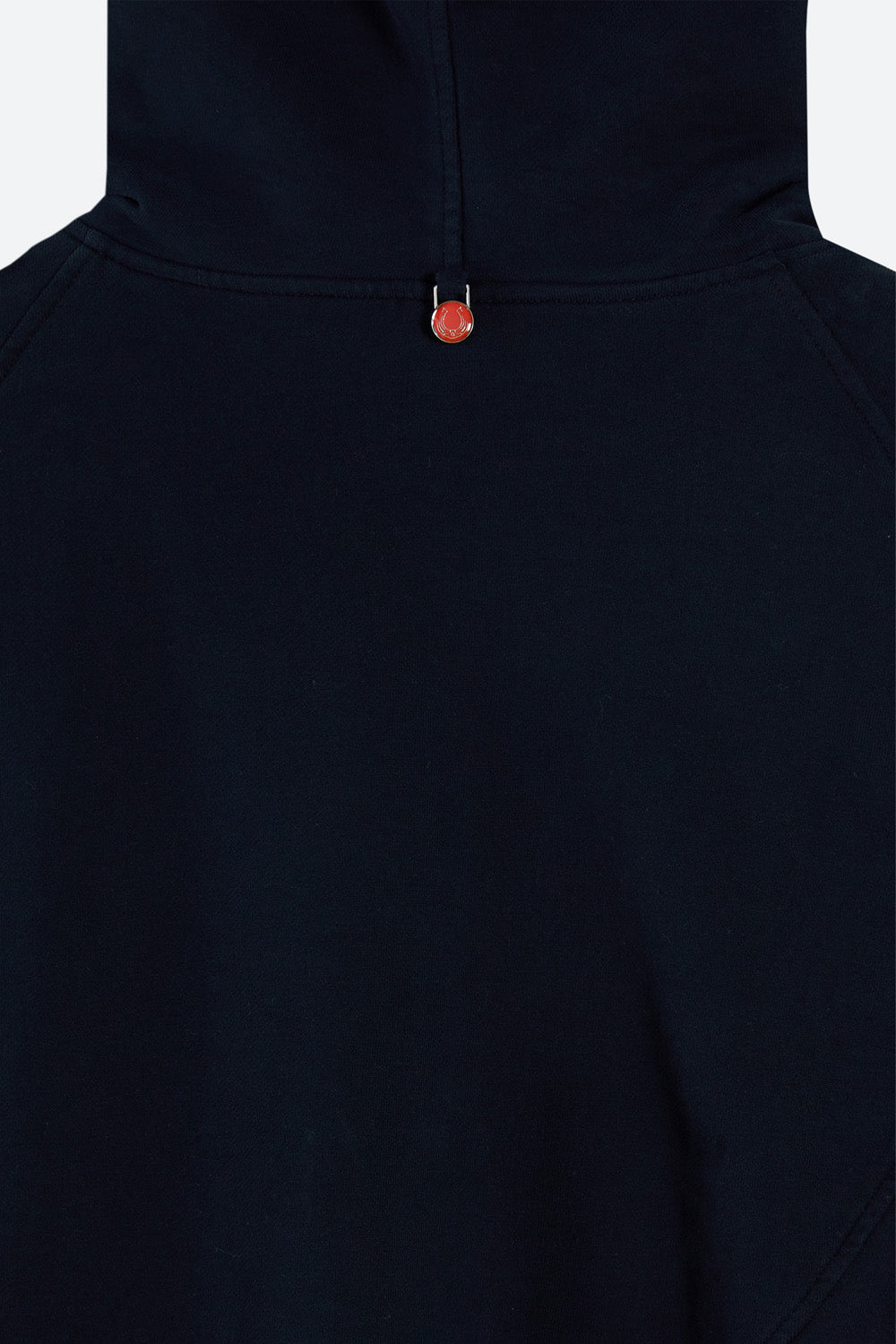 Black hoodie with a red button on a white background