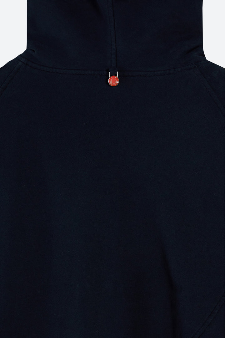 Black hoodie with a red button on a white background