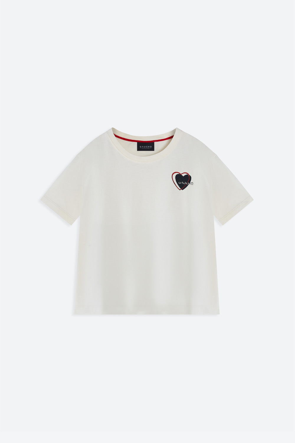 White t-shirt with a heart-shaped logo on a white background