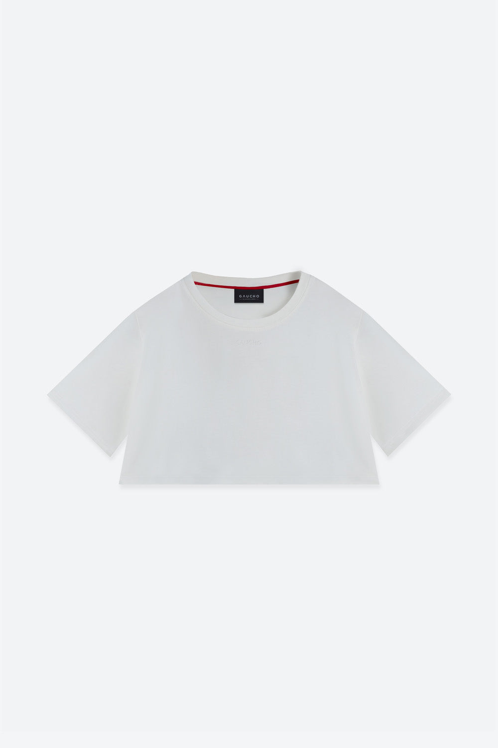 White t-shirt with a small logo on a white background