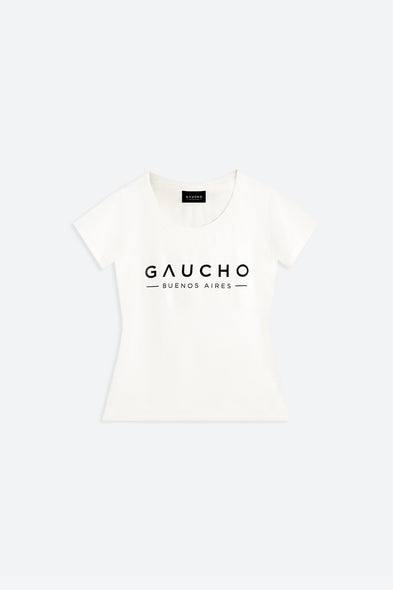 White sleeveless top with 'Gaucho Buenos Aires' logo on a white background