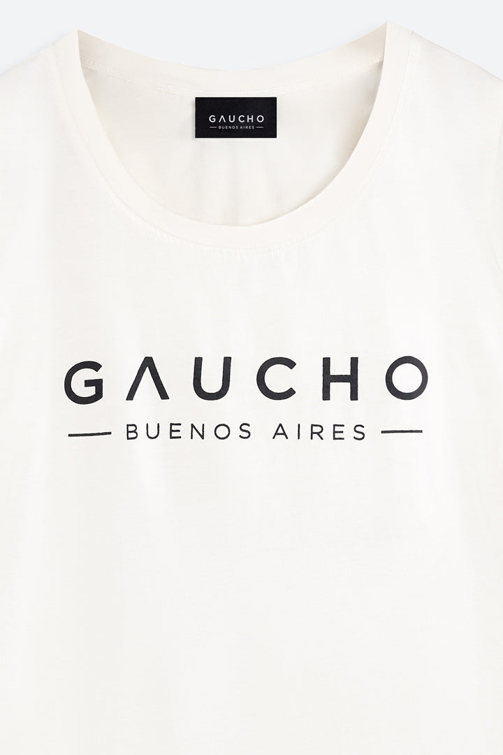 White t-shirt with 'Gaucho Buenos Aires' logo on a white background