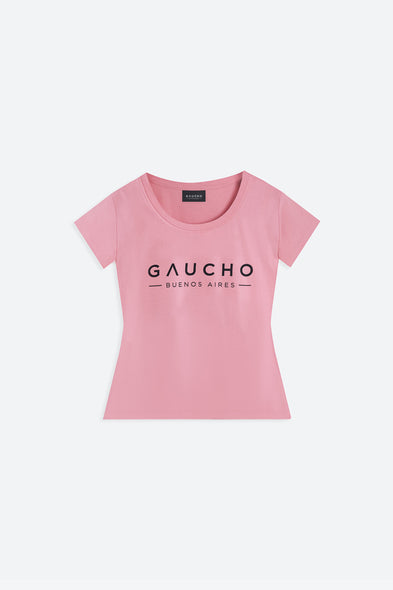 Pink t-shirt with 'Gaucho Buenos Aires' text on a white background