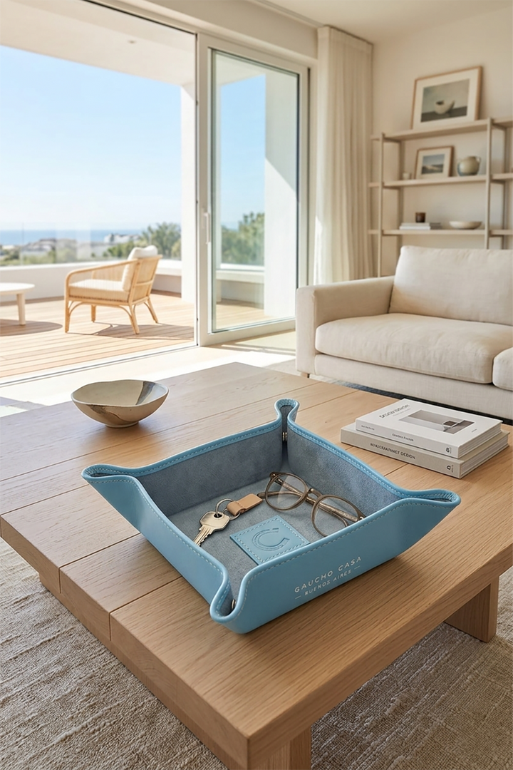 Blue tray on a wooden coffee table in a modern living room with a view of the ocean.