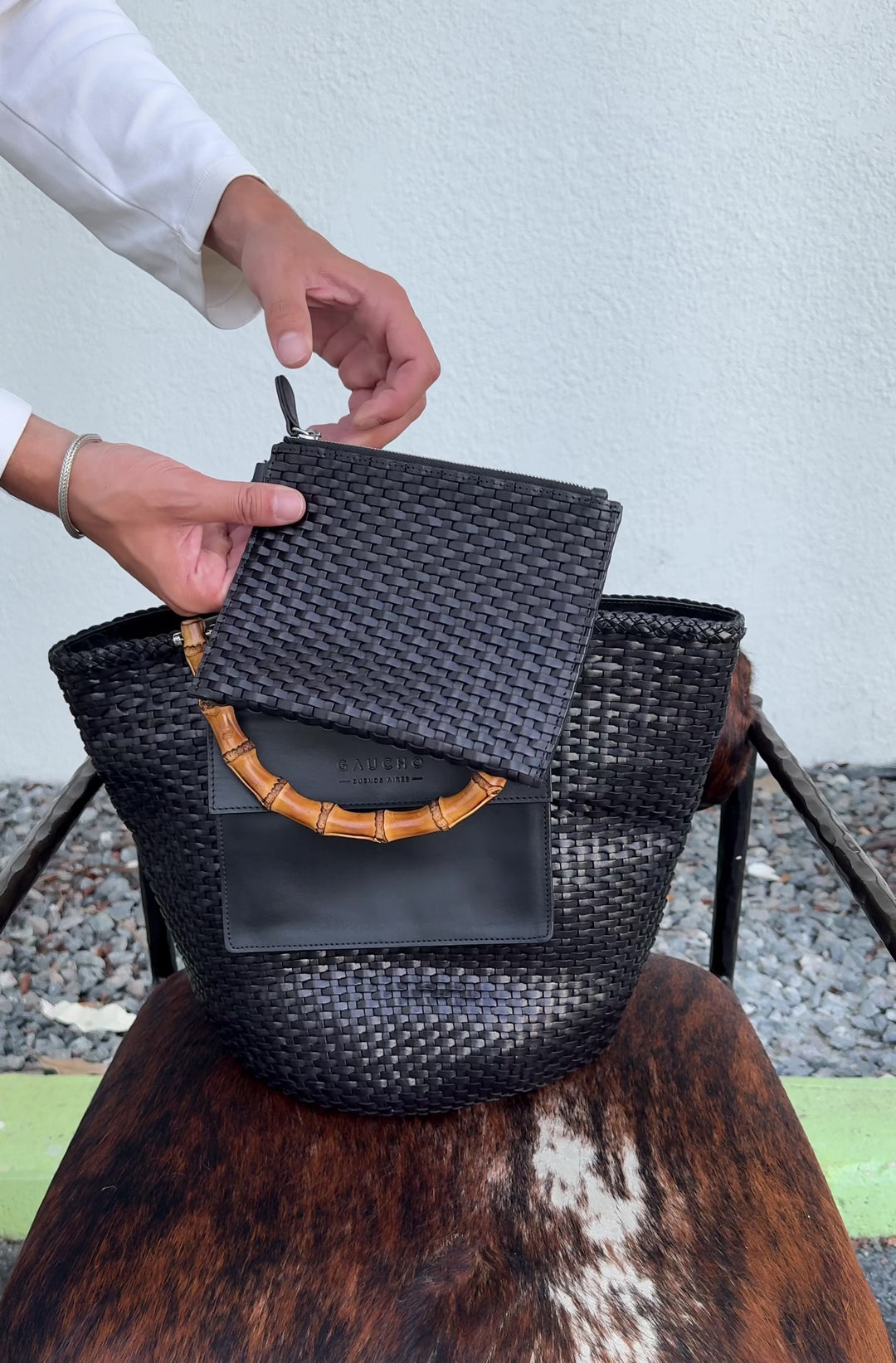 Maria Woven Leather Basket Bag in Black