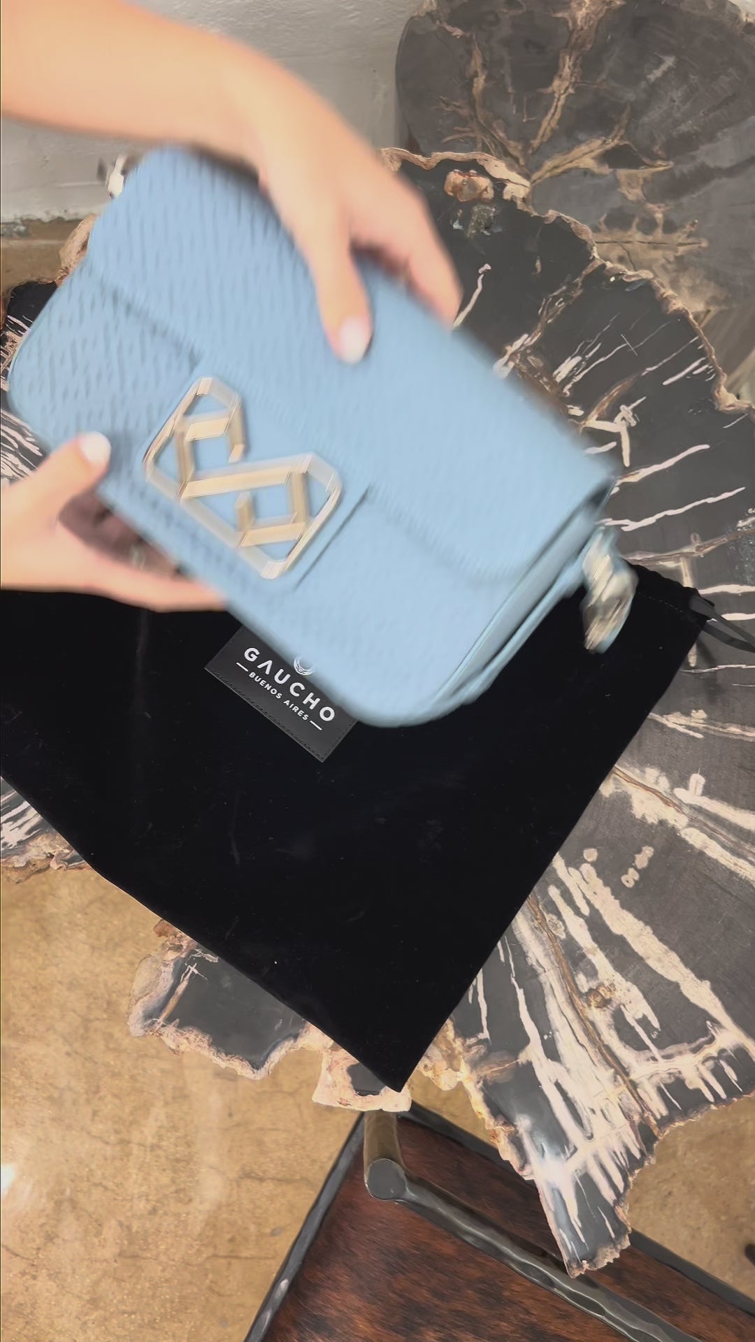 Malvina Baguette Handbag in Light Blue, with Polished Chrome Hardware