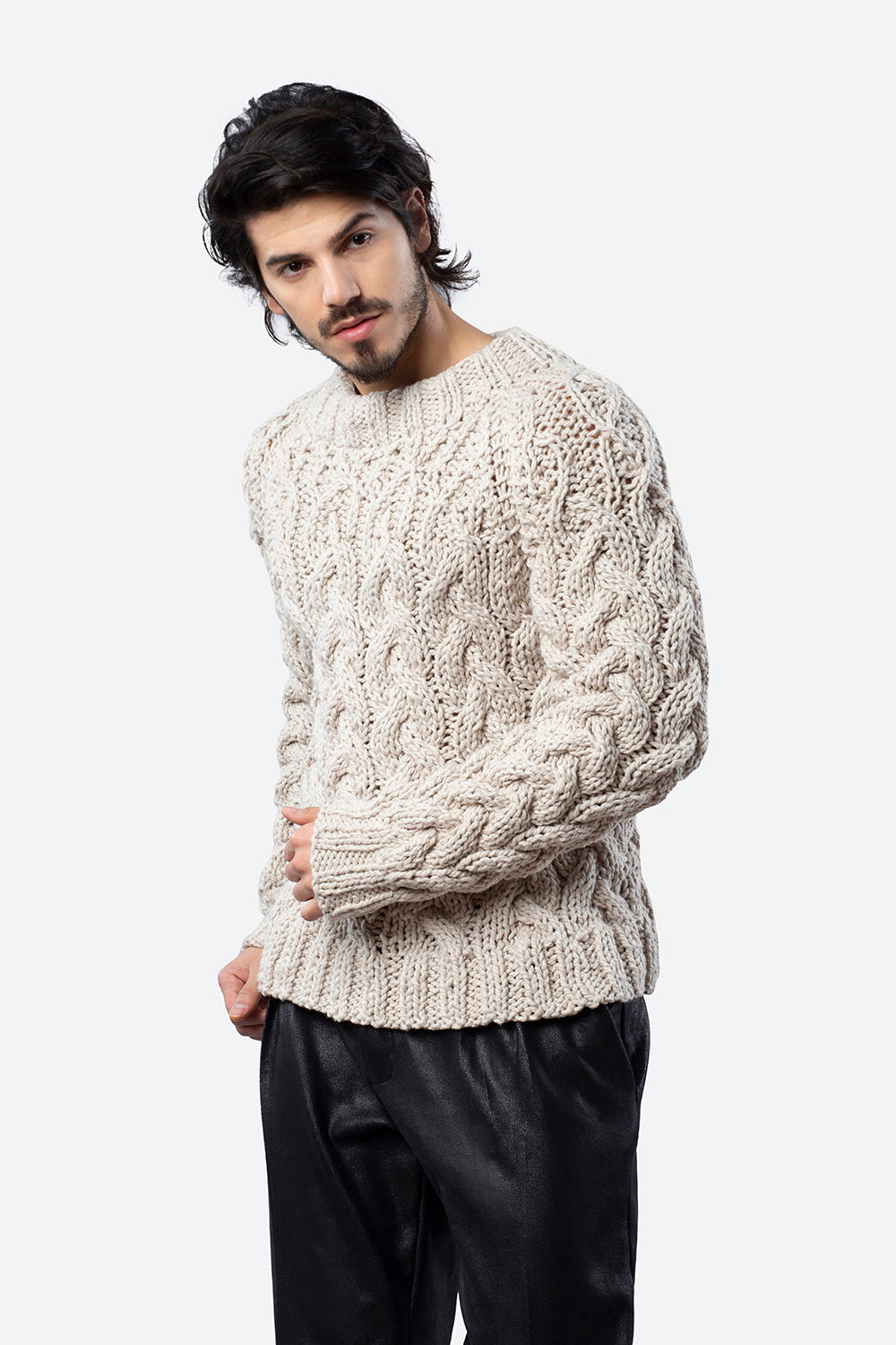 Tucuman Handmade Cotton Cable Sweater in Cream