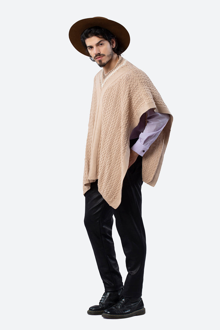 Hand-Knitted Neckline Soler Poncho in Beige