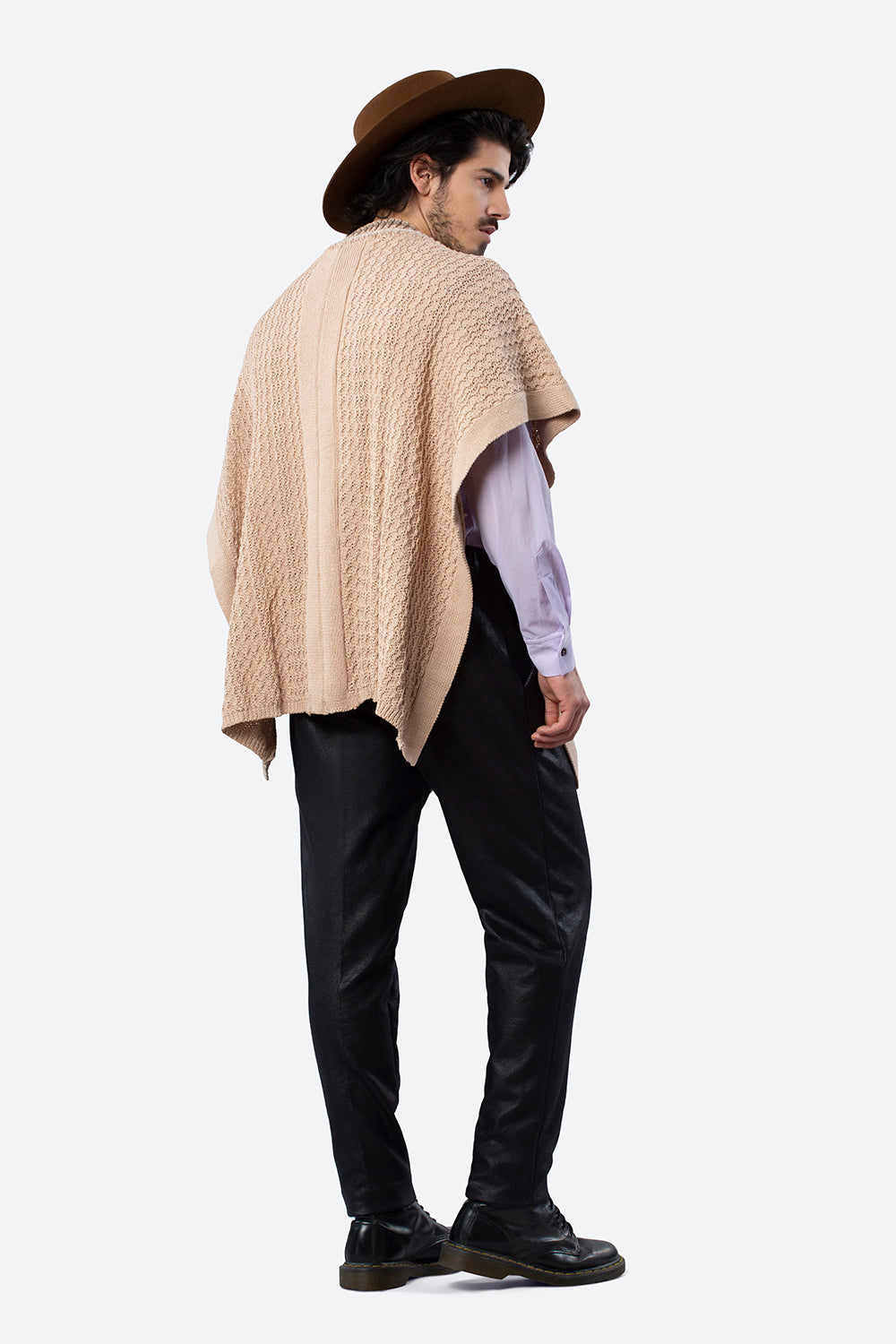 Hand-Knitted Neckline Soler Poncho in Beige