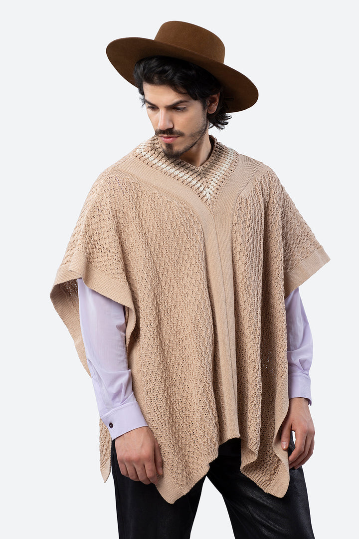 Hand-Knitted Neckline Soler Poncho in Beige