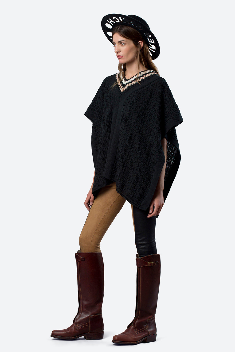 Hand-Knitted Neckline Soler Poncho in Black