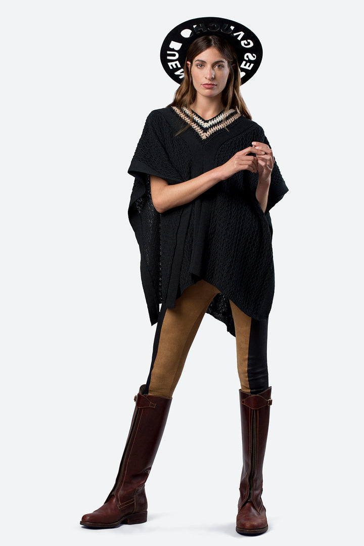 Hand-Knitted Neckline Soler Poncho in Black