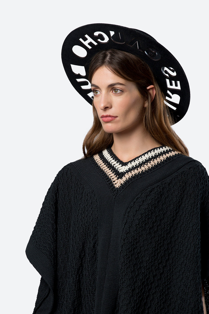 Hand-Knitted Neckline Soler Poncho in Black