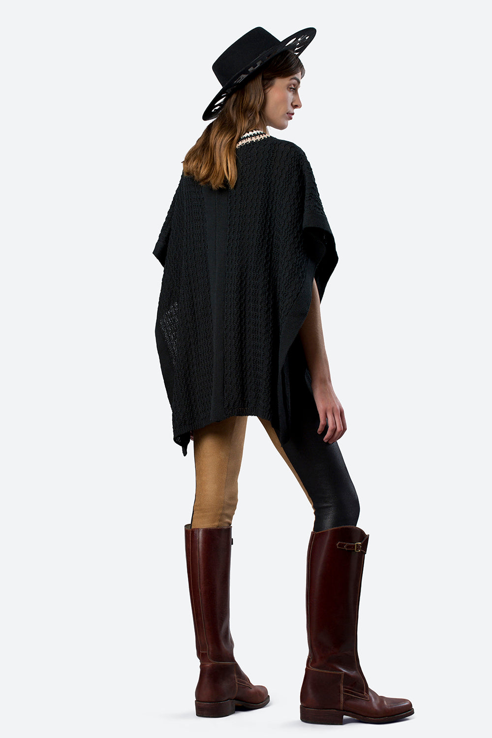 Hand-Knitted Neckline Soler Poncho in Black