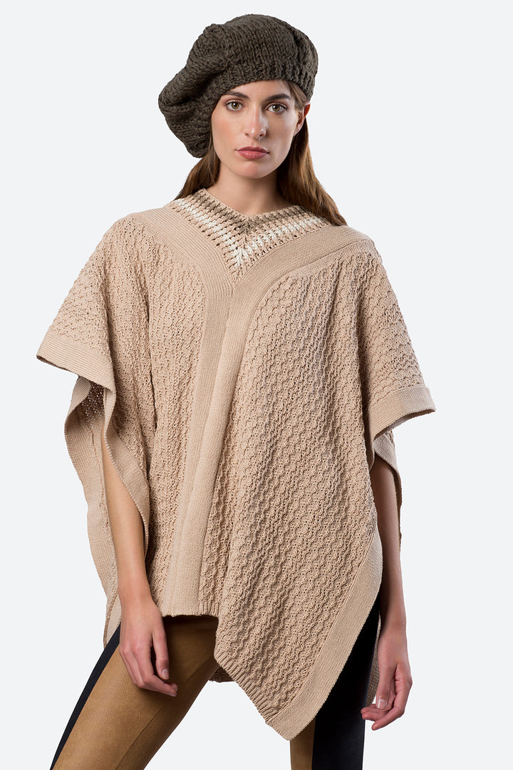 Hand-Knitted Neckline Soler Poncho in Beige