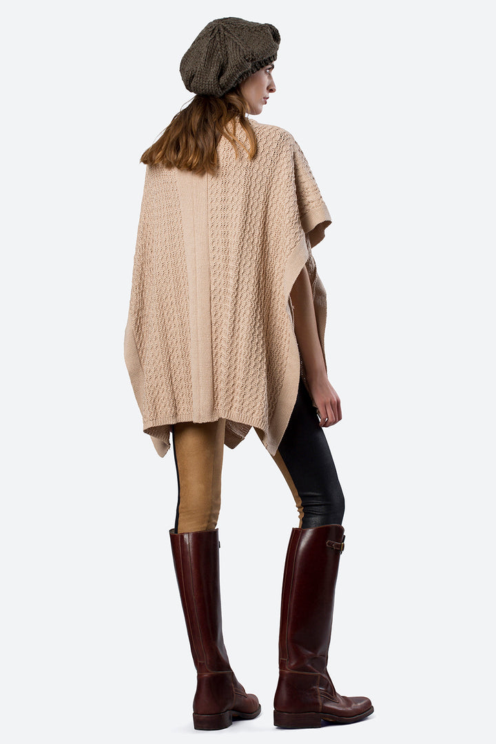 Hand-Knitted Neckline Soler Poncho in Beige