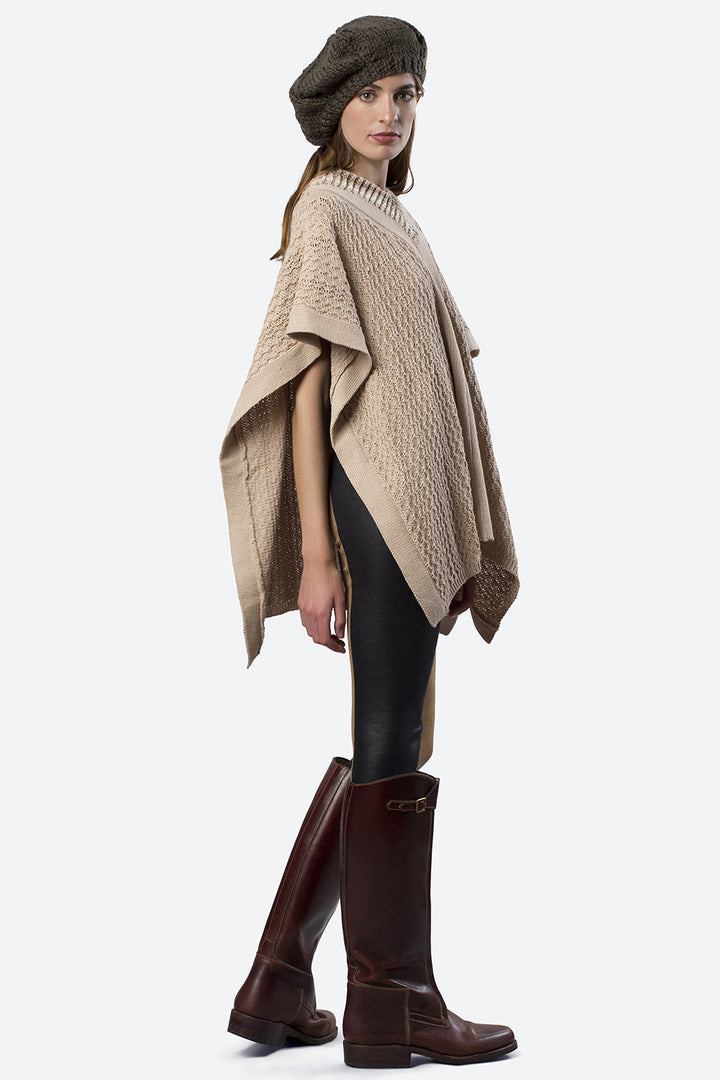 Hand-Knitted Neckline Soler Poncho in Beige