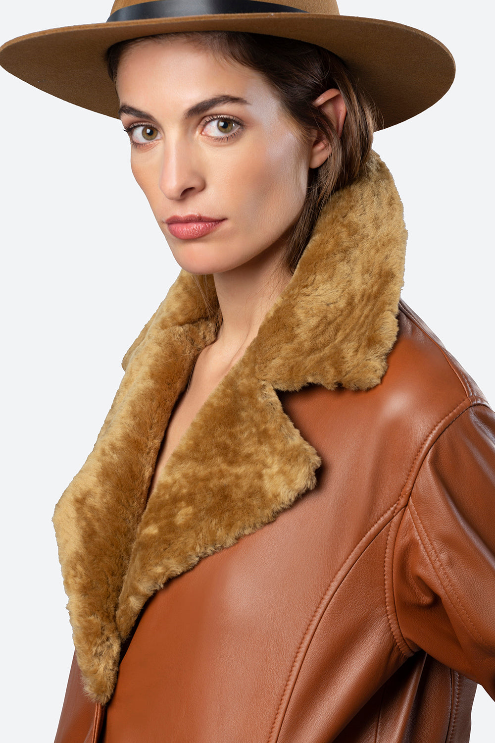 Woman models the Lavalle Shearling Collar Jacket in Cognac