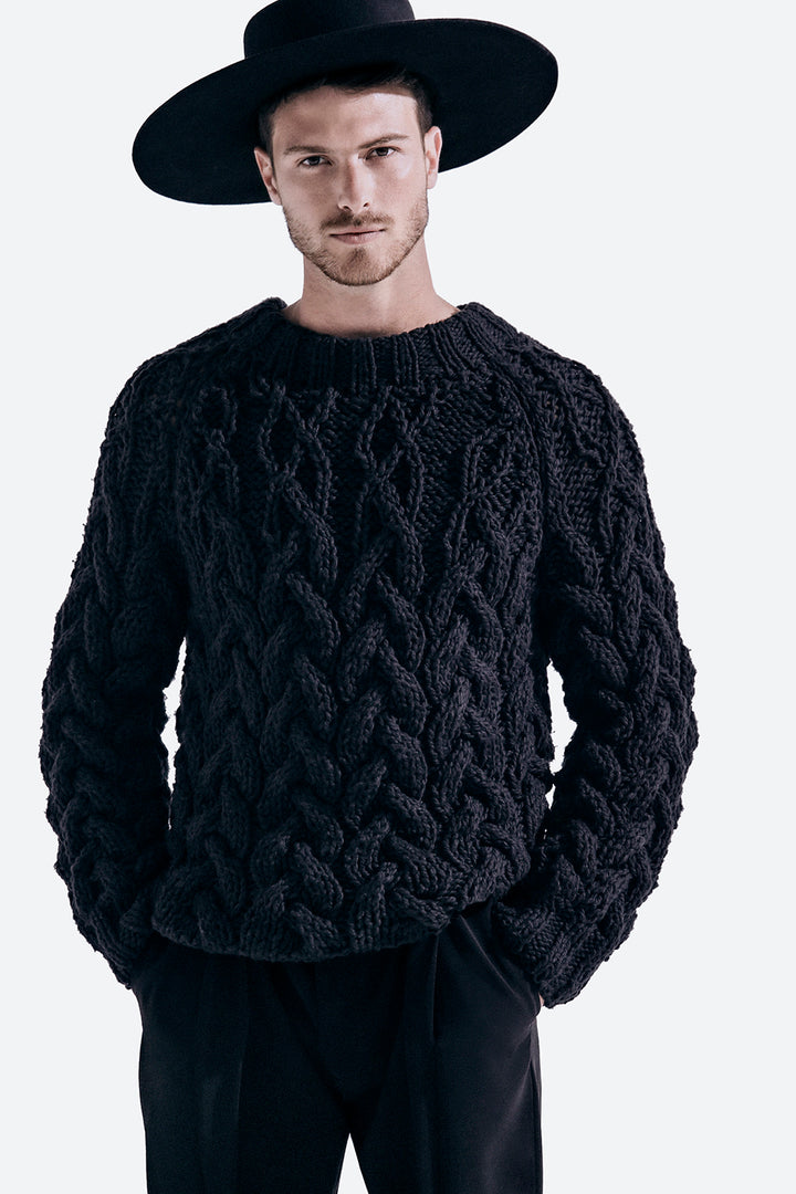 Tucuman Handmade Cotton Cable Sweater in Black