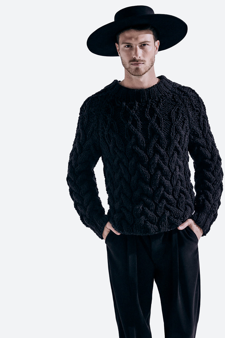 Tucuman Handmade Cotton Cable Sweater in Black