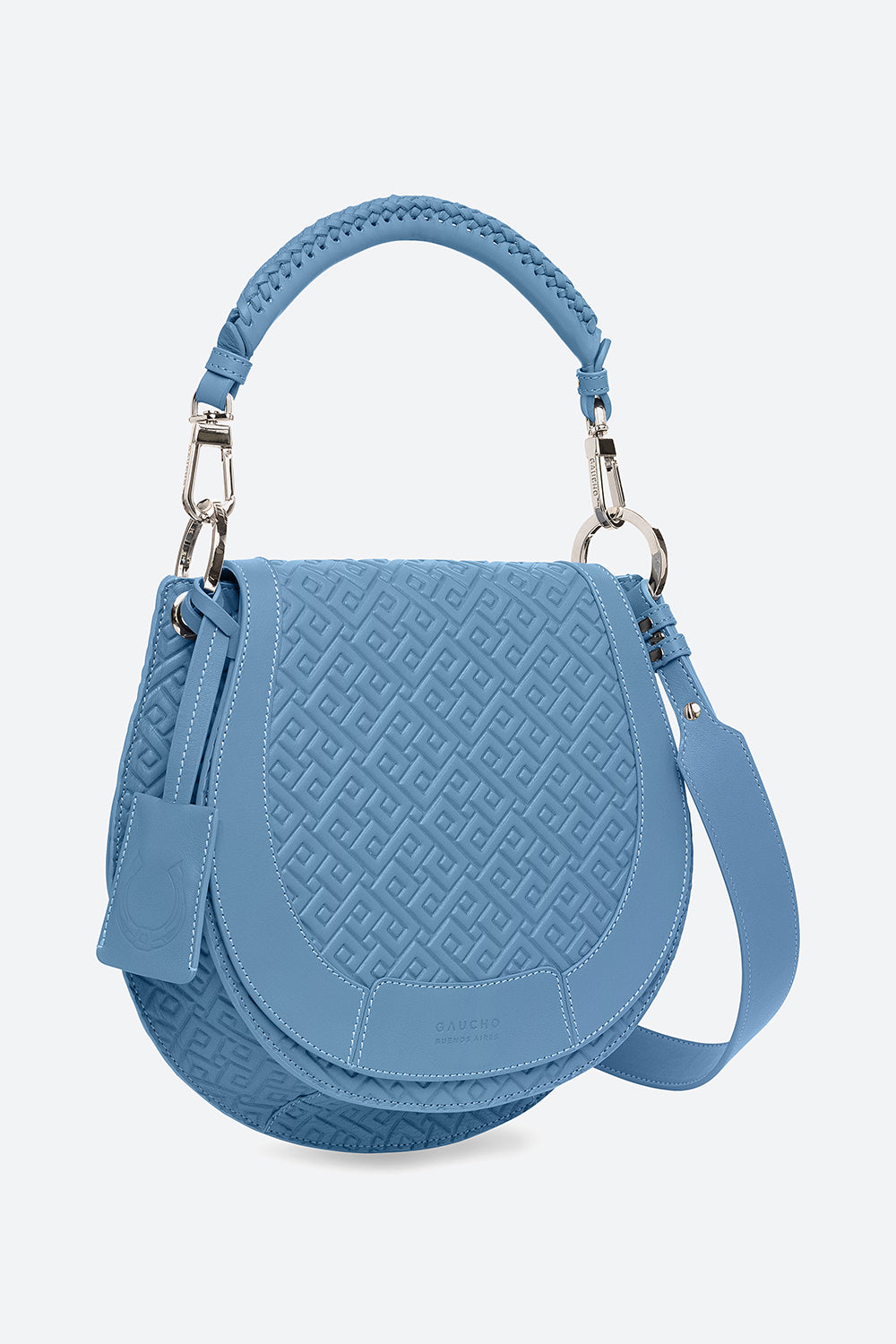 The Lucky Bag, Embossed Leather Saddle Bag in Sky Blue