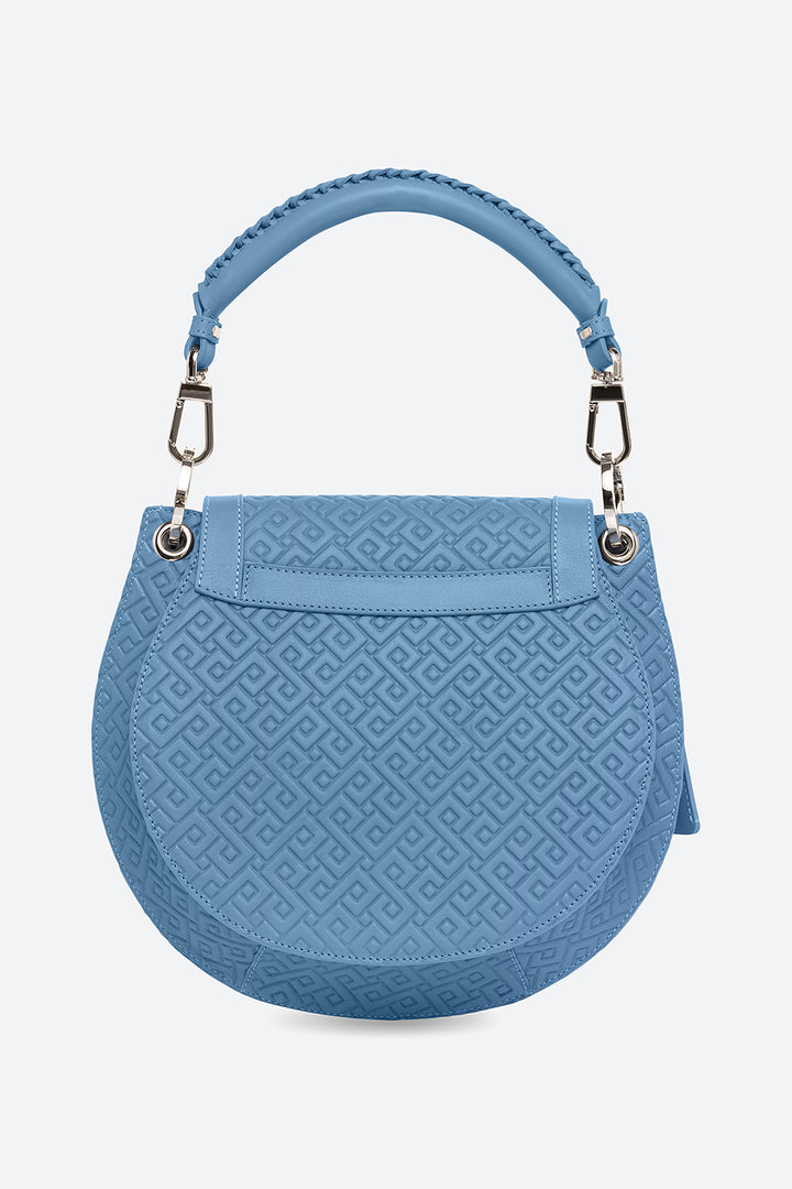 The Lucky Bag, Embossed Leather Saddle Bag in Sky Blue