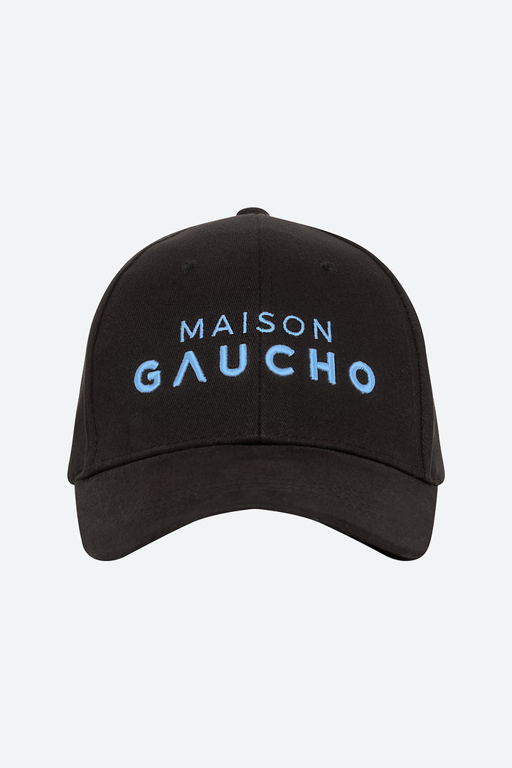 Maison Gaucho Cap in Black with Light Blue Embroidery