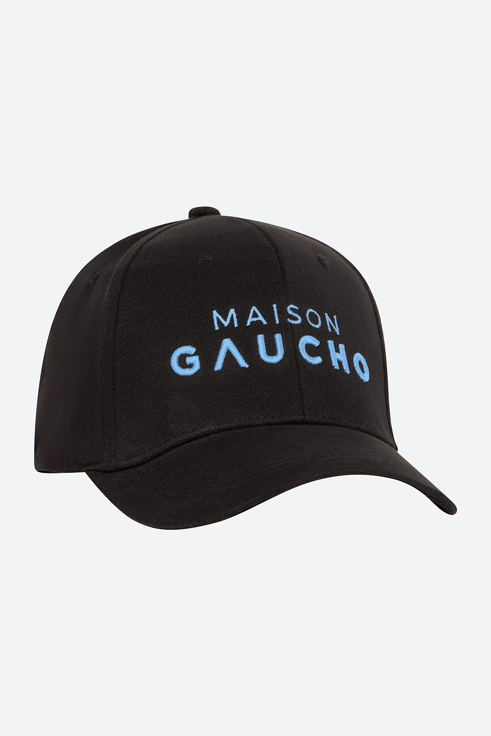 Maison Gaucho Cap in Black with Light Blue Embroidery