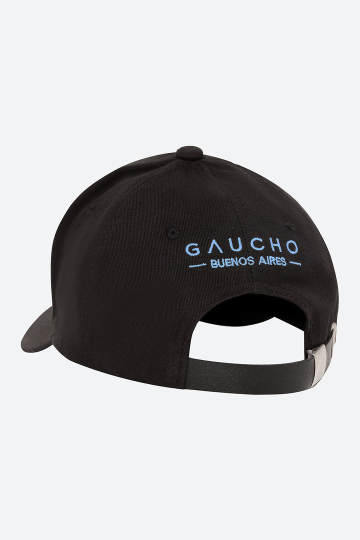 Maison Gaucho Cap in Black with Light Blue Embroidery